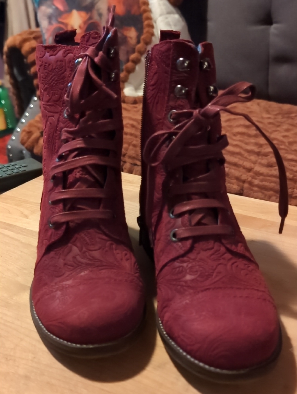 Unity in Diversity Leather Burgundy Lace-Up Embossed Ankle Boots